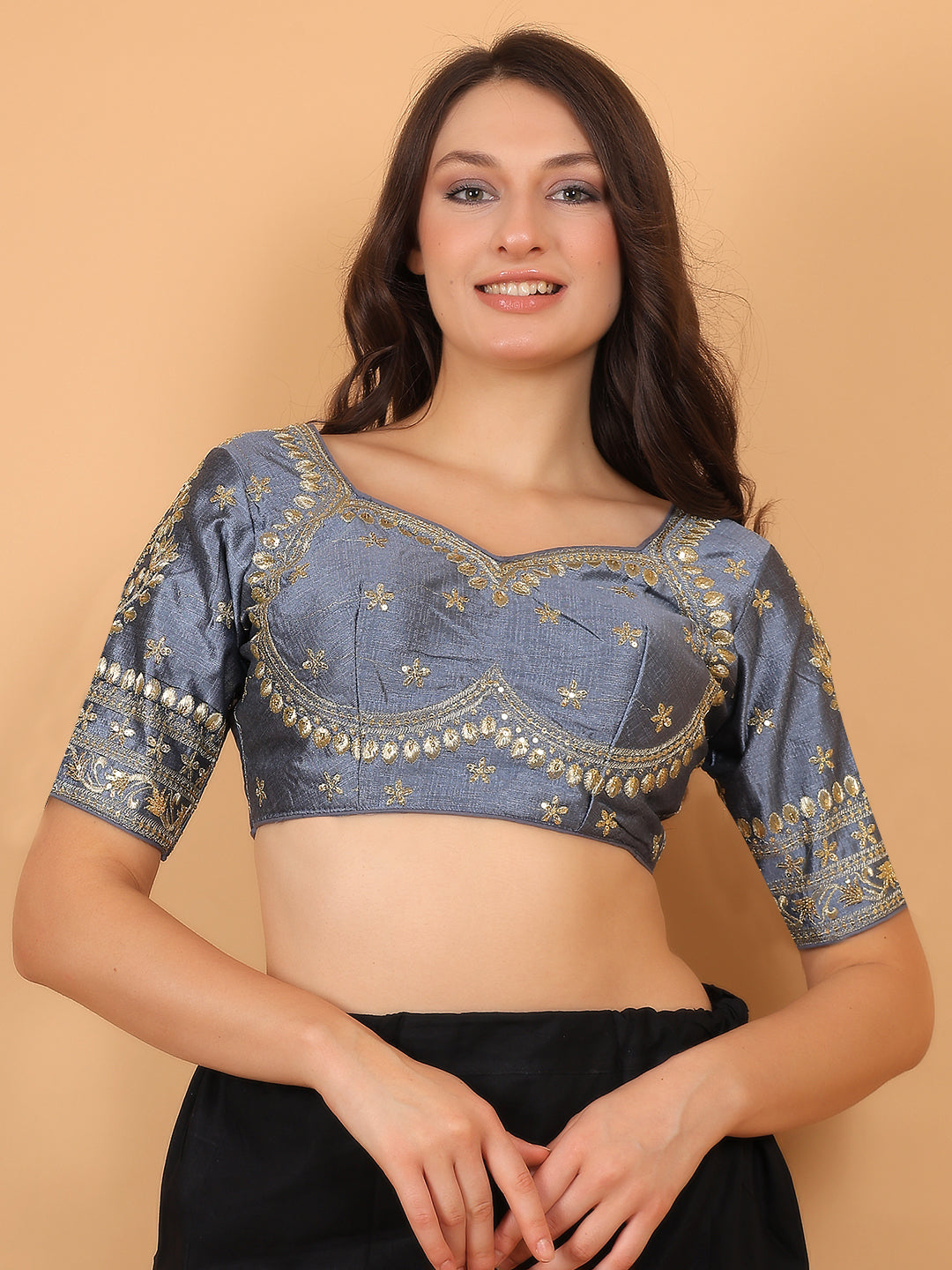 Trendzmy Embroidered Choli Cut Grey Cotton Silk Half Sleeve Blouse