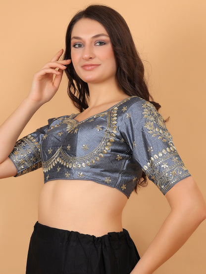 Trendzmy Embroidered Choli Cut Grey Cotton Silk Half Sleeve Blouse