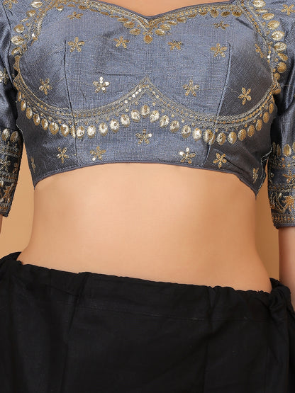 Trendzmy Embroidered Choli Cut Grey Cotton Silk Half Sleeve Blouse