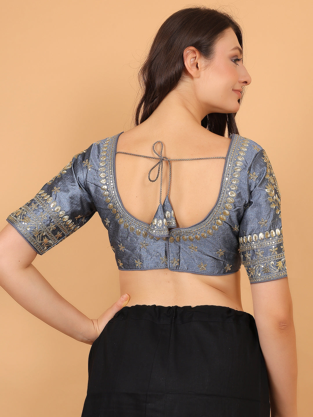 Trendzmy Embroidered Choli Cut Grey Cotton Silk Half Sleeve Blouse