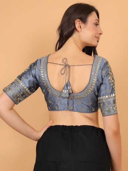 Trendzmy Embroidered Choli Cut Grey Cotton Silk Half Sleeve Blouse