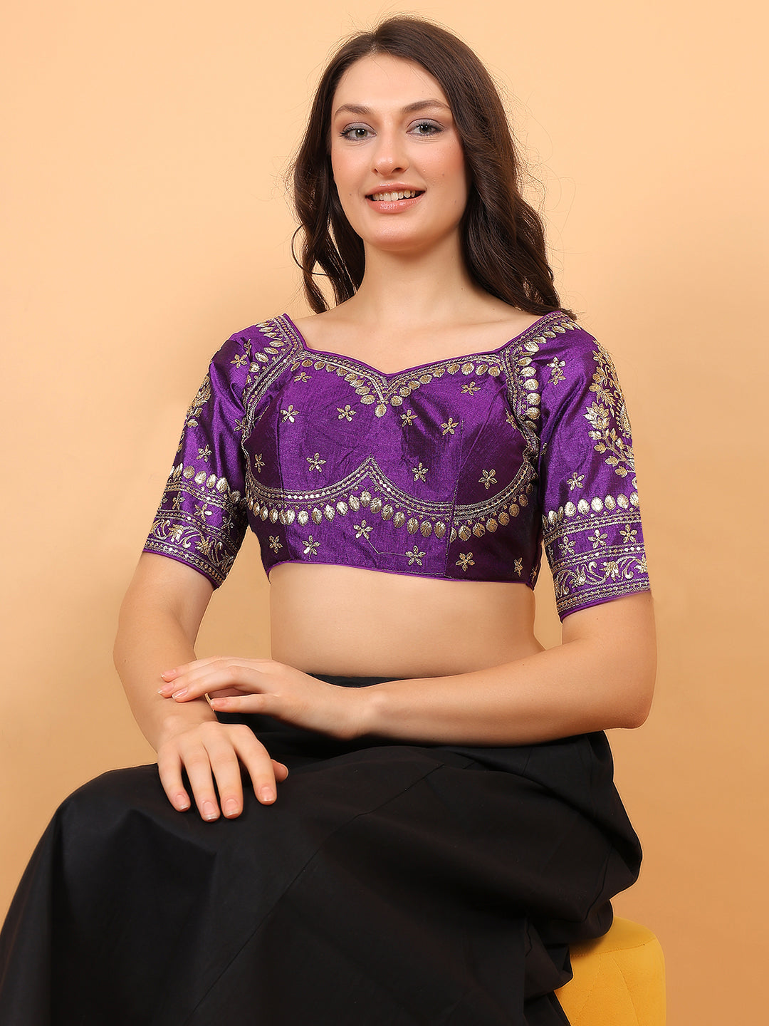 Trendzmy Embroidered Choli Cut Purple Cotton Silk Half Sleeve Blouse