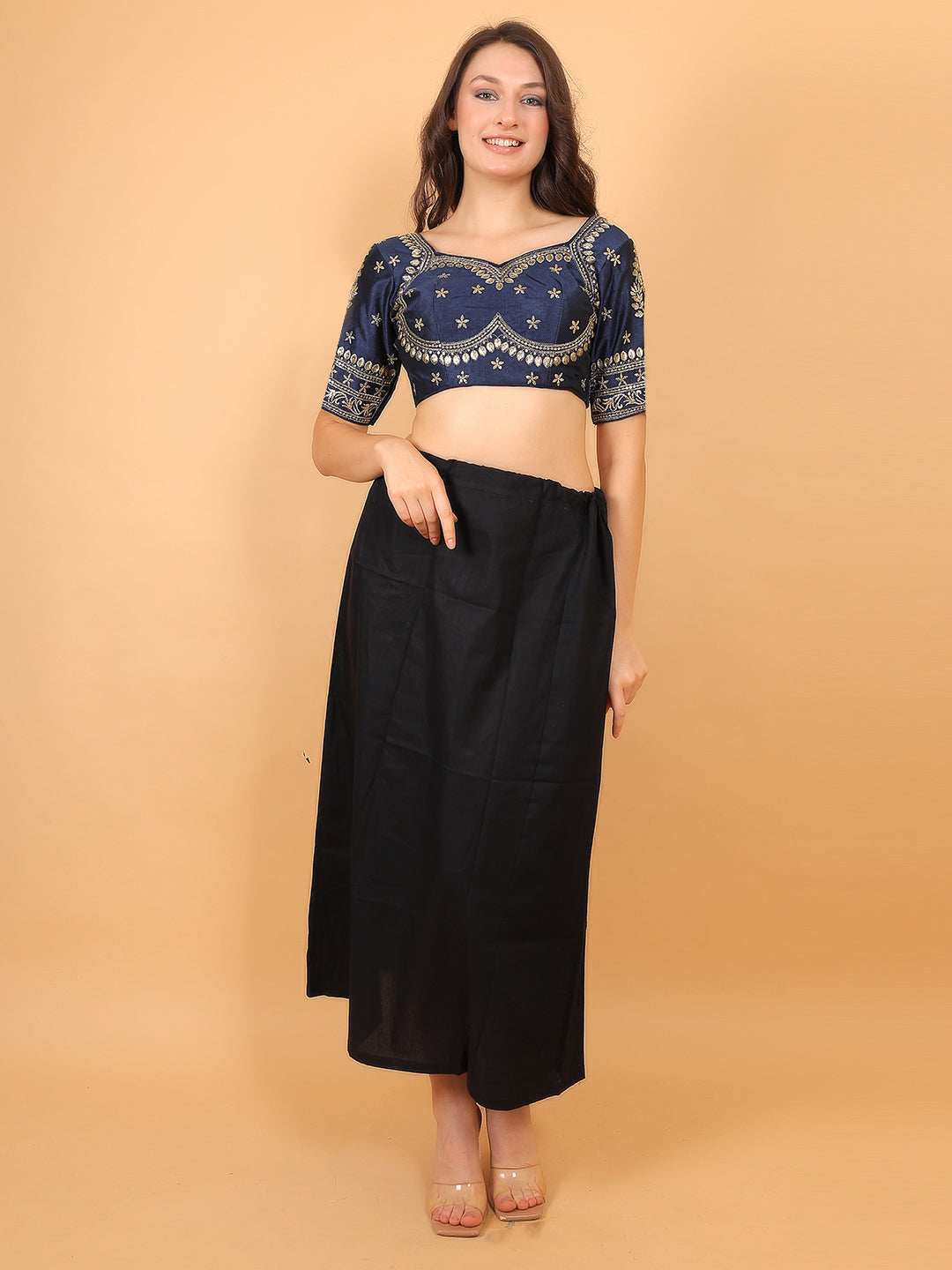 Trendzmy Embroidered Choli Cut Navy Blue Cotton Silk Half Sleeve Blouse