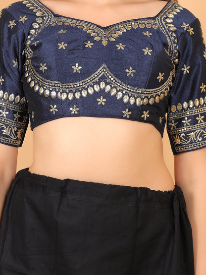 Trendzmy Embroidered Choli Cut Navy Blue Cotton Silk Half Sleeve Blouse