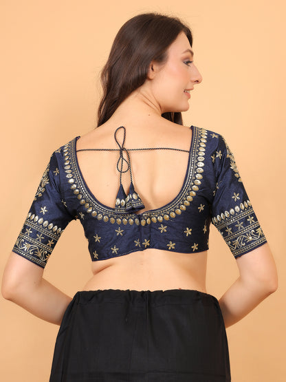 Trendzmy Embroidered Choli Cut Navy Blue Cotton Silk Half Sleeve Blouse