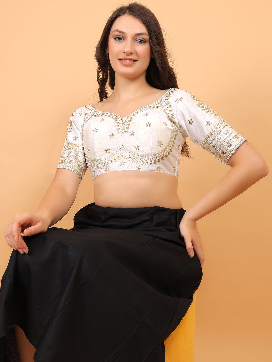 Trendzmy Embroidered Choli Cut White Cotton Silk Half Sleeve Blouse