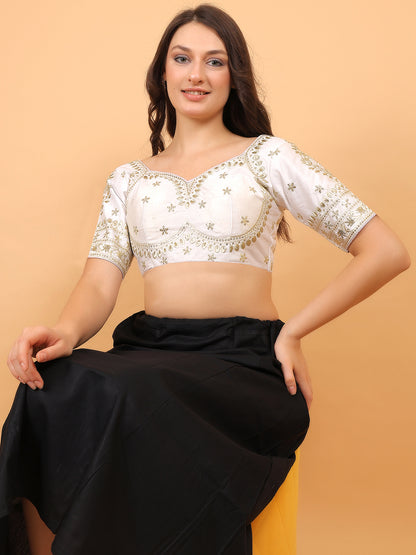 Trendzmy Embroidered Choli Cut White Cotton Silk Half Sleeve Blouse