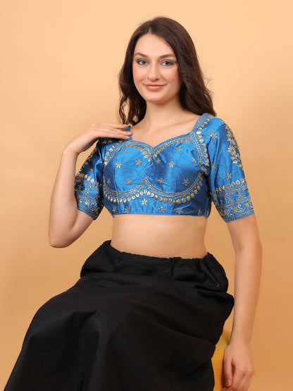 Trendzmy Embroidered Choli Cut Sky Blue Cotton Silk Half Sleeve Blouse