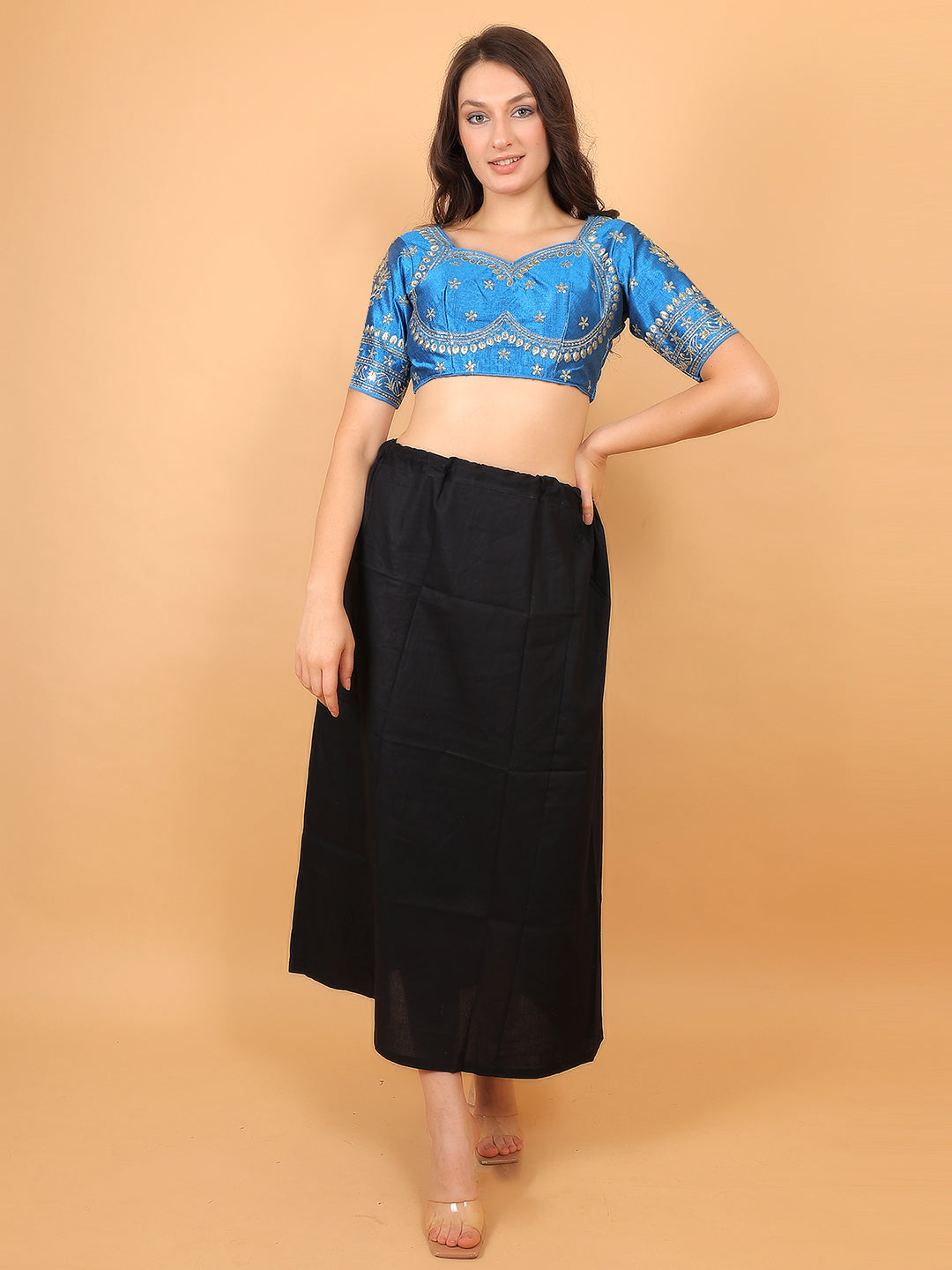 Trendzmy Embroidered Choli Cut Sky Blue Cotton Silk Half Sleeve Blouse