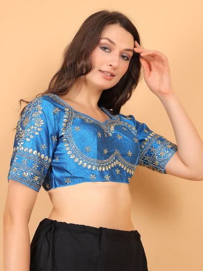Trendzmy Embroidered Choli Cut Sky Blue Cotton Silk Half Sleeve Blouse