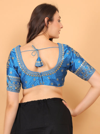 Trendzmy Embroidered Choli Cut Sky Blue Cotton Silk Half Sleeve Blouse