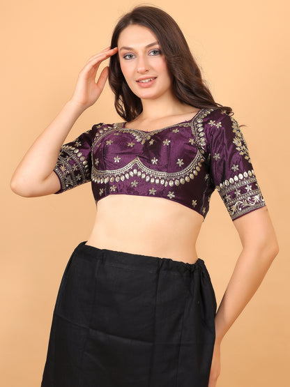 Trendzmy Embroidered Choli Cut Wine Cotton Silk Half Sleeve Blouse