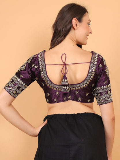 Embroidered Choli Cut Wine Cotton Silk Half Sleeve Blouse-uk