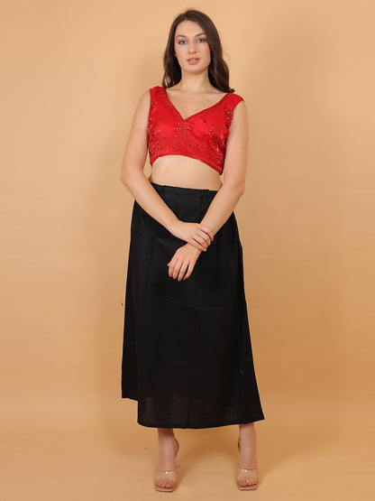 Trendzmy Women Red V-Neck Sleeveless Embroidered Silk Blouse