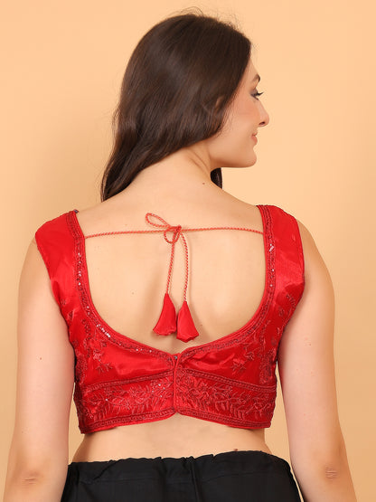 Trendzmy Women Red V-Neck Sleeveless Embroidered Silk Blouse