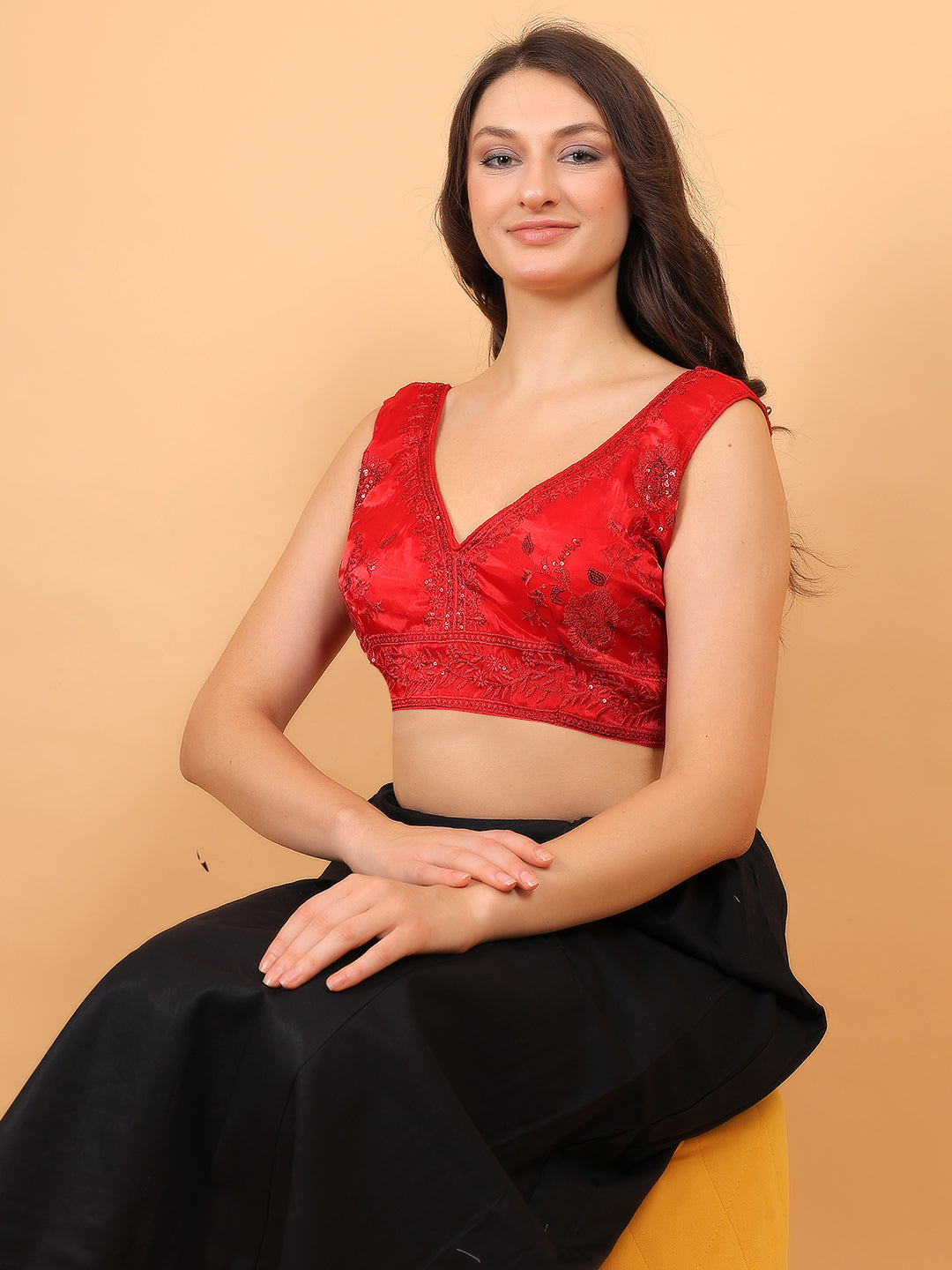 Trendzmy Women Red V-Neck Sleeveless Embroidered Silk Blouse