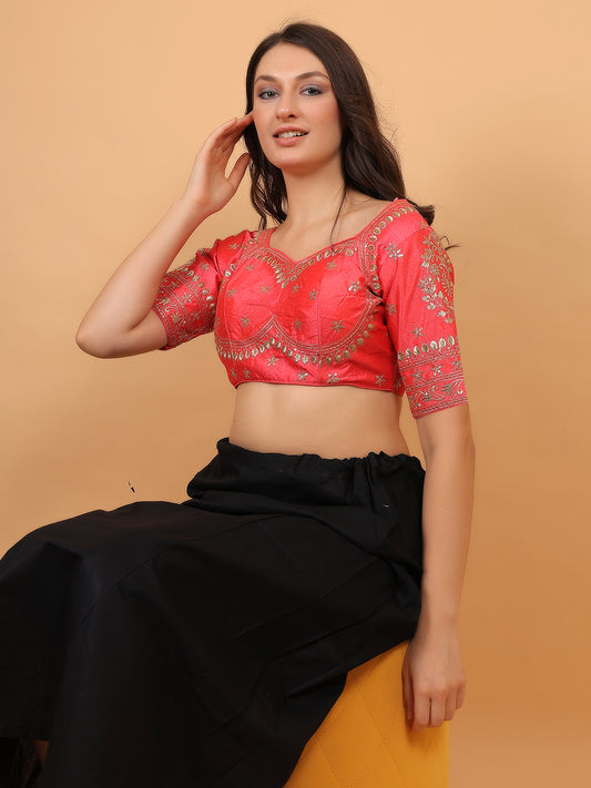 Trendzmy Embroidered Choli Cut Peach Cotton Silk Half Sleeve Blouse