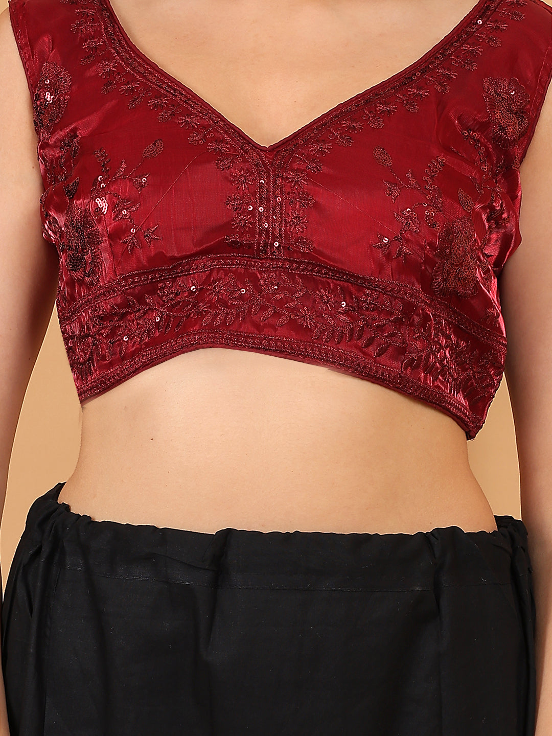 Trendzmy Women Maroon V-Neck Sleeveless Embroidered Silk Blouse