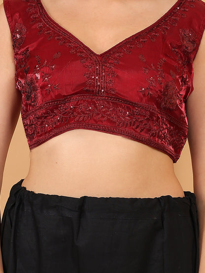 Trendzmy Women Maroon V-Neck Sleeveless Embroidered Silk Blouse