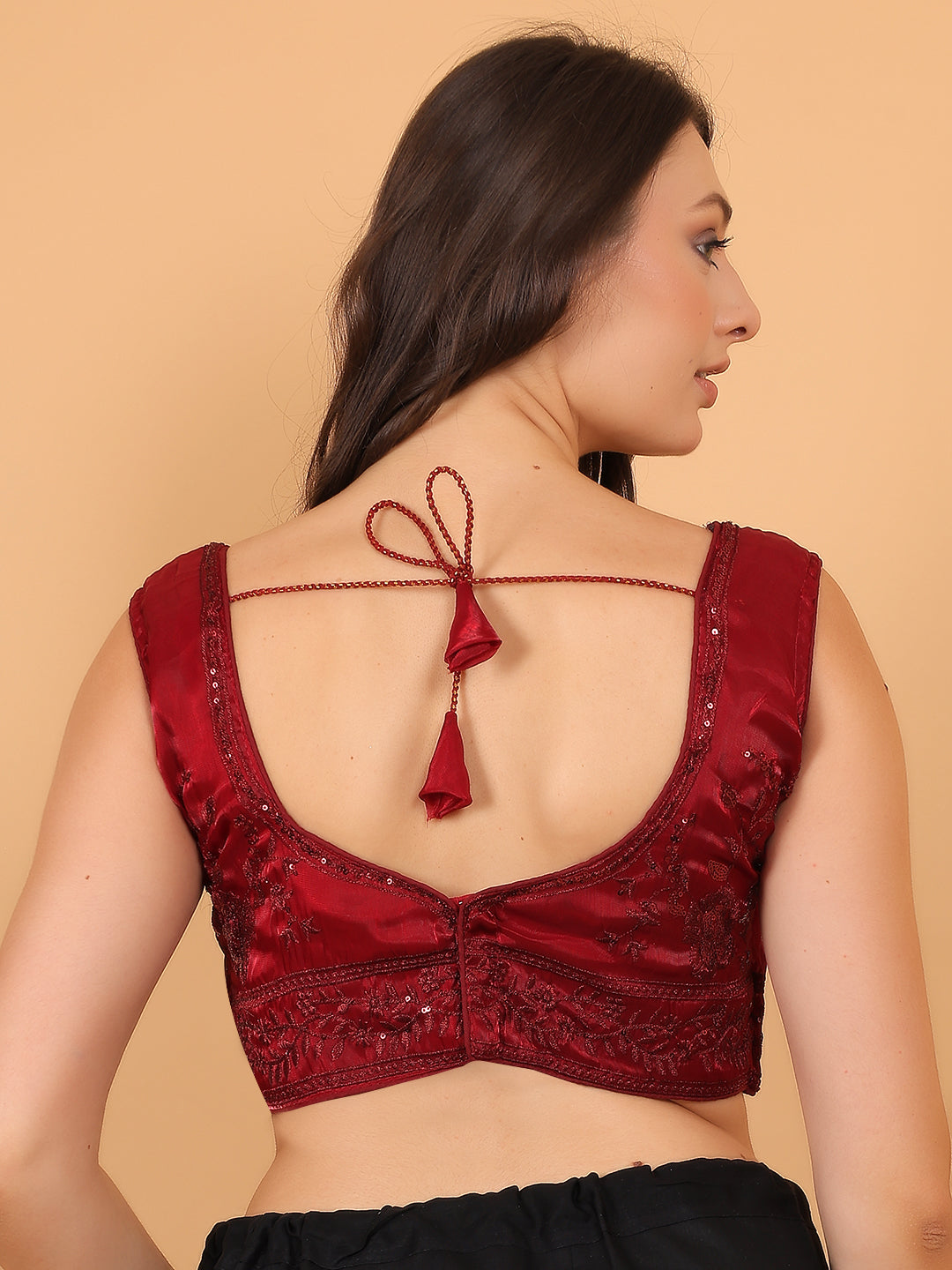 Trendzmy Women Maroon V-Neck Sleeveless Embroidered Silk Blouse