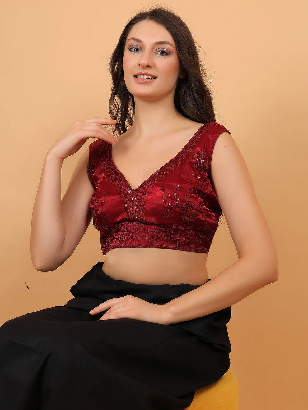 Women Maroon V-Neck Sleeveless Embroidered Silk Blouse