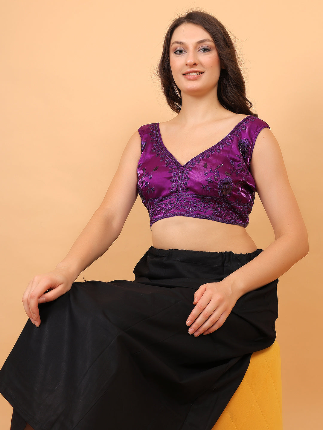 Women Wine V-Neck Sleeveless Embroidered Silk Blouse