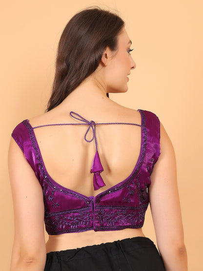 Women Wine V-Neck Sleeveless Embroidered Silk Blouse