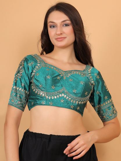 Trendzmy Embroidered Choli Cut Rama Green Cotton Silk Half Sleeve Blouse