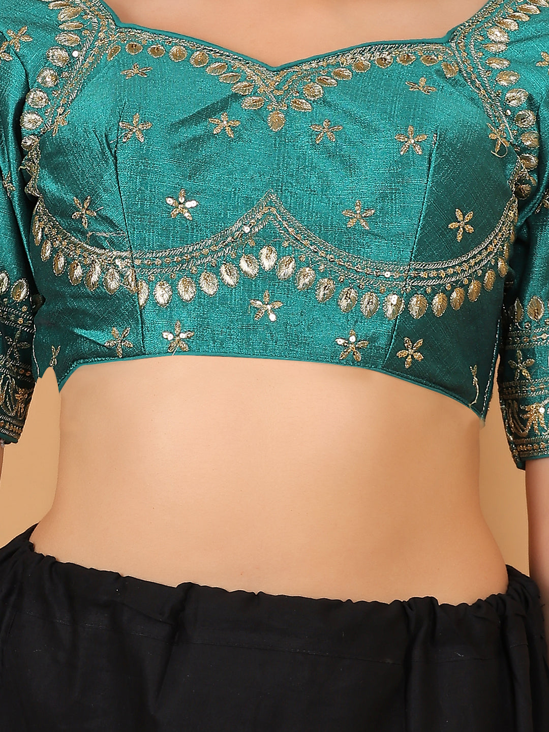 Embroidered Choli Cut Rama Green Cotton Silk Half Sleeve Blouse