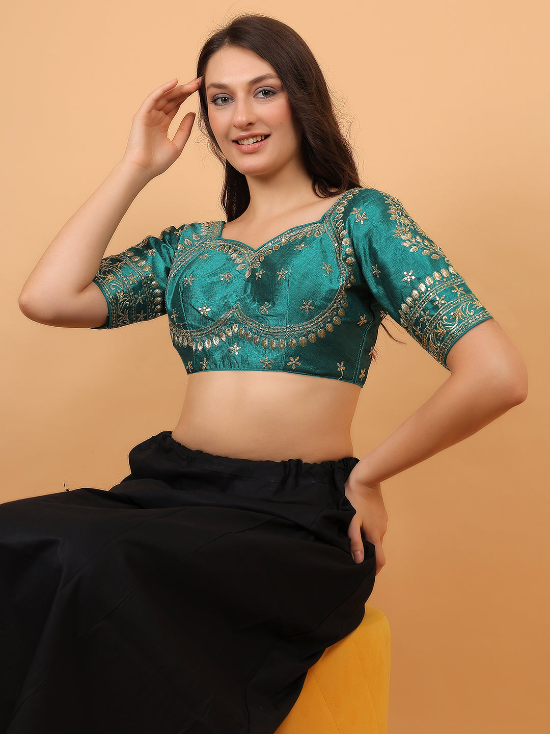 Trendzmy Embroidered Choli Cut Rama Green Cotton Silk Half Sleeve Blouse