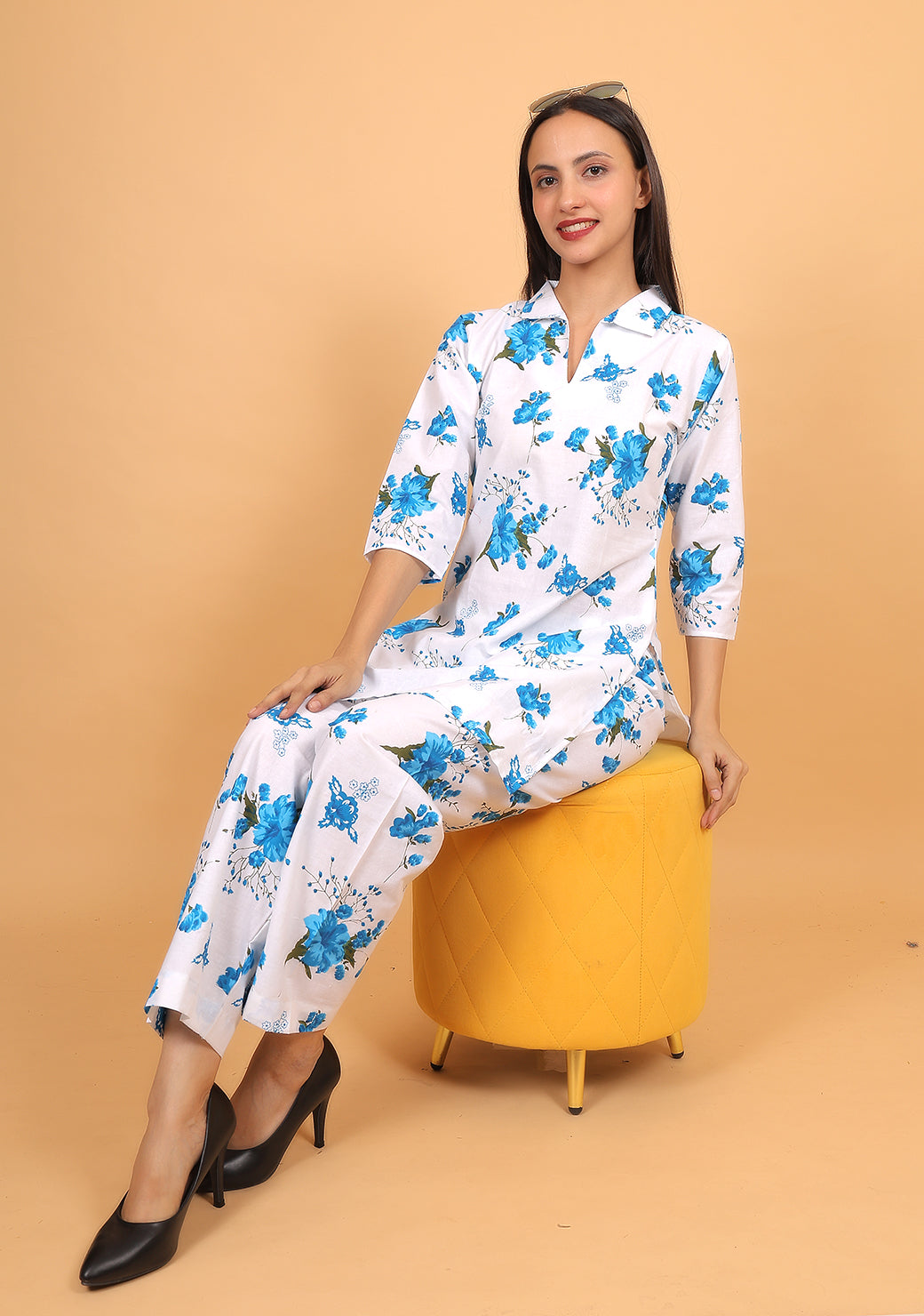 Women Blue Floral Printed Cotton Coord Set with 3/4 Sleeves