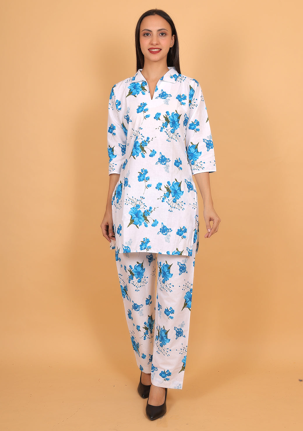 Women Blue Floral Printed Cotton Coord Set with 3/4 Sleeves