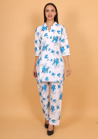 Trendzmy Women Blue Floral Printed Cotton Coord Set with 3/4 Sleeves