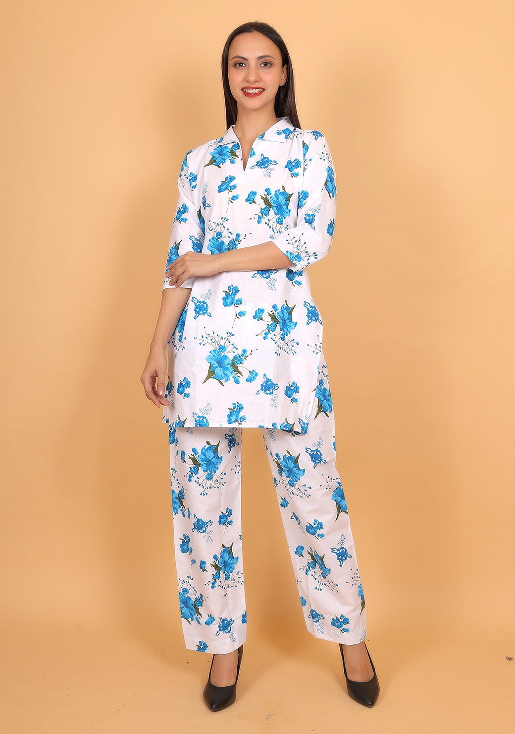Women Blue Floral Printed Cotton Coord Set with 3/4 Sleeves
