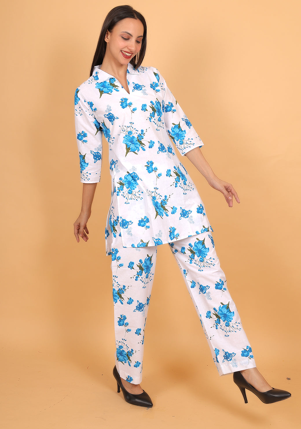 Women Blue Floral Printed Cotton Coord Set with 3/4 Sleeves