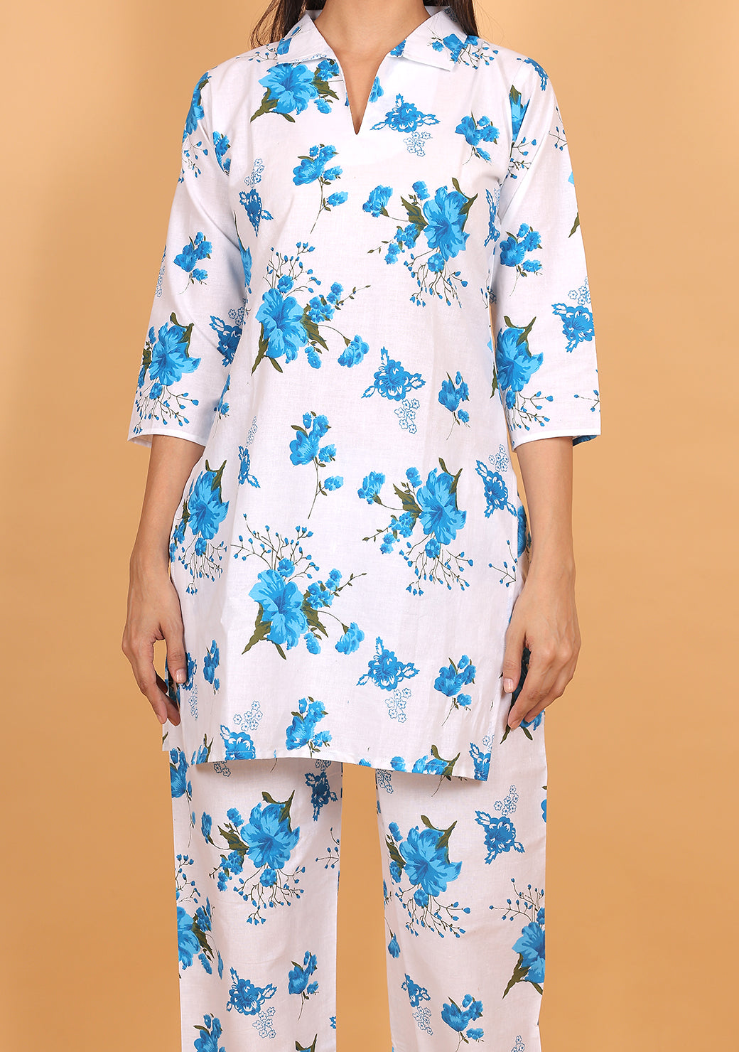Women Blue Floral Printed Cotton Coord Set with 3/4 Sleeves