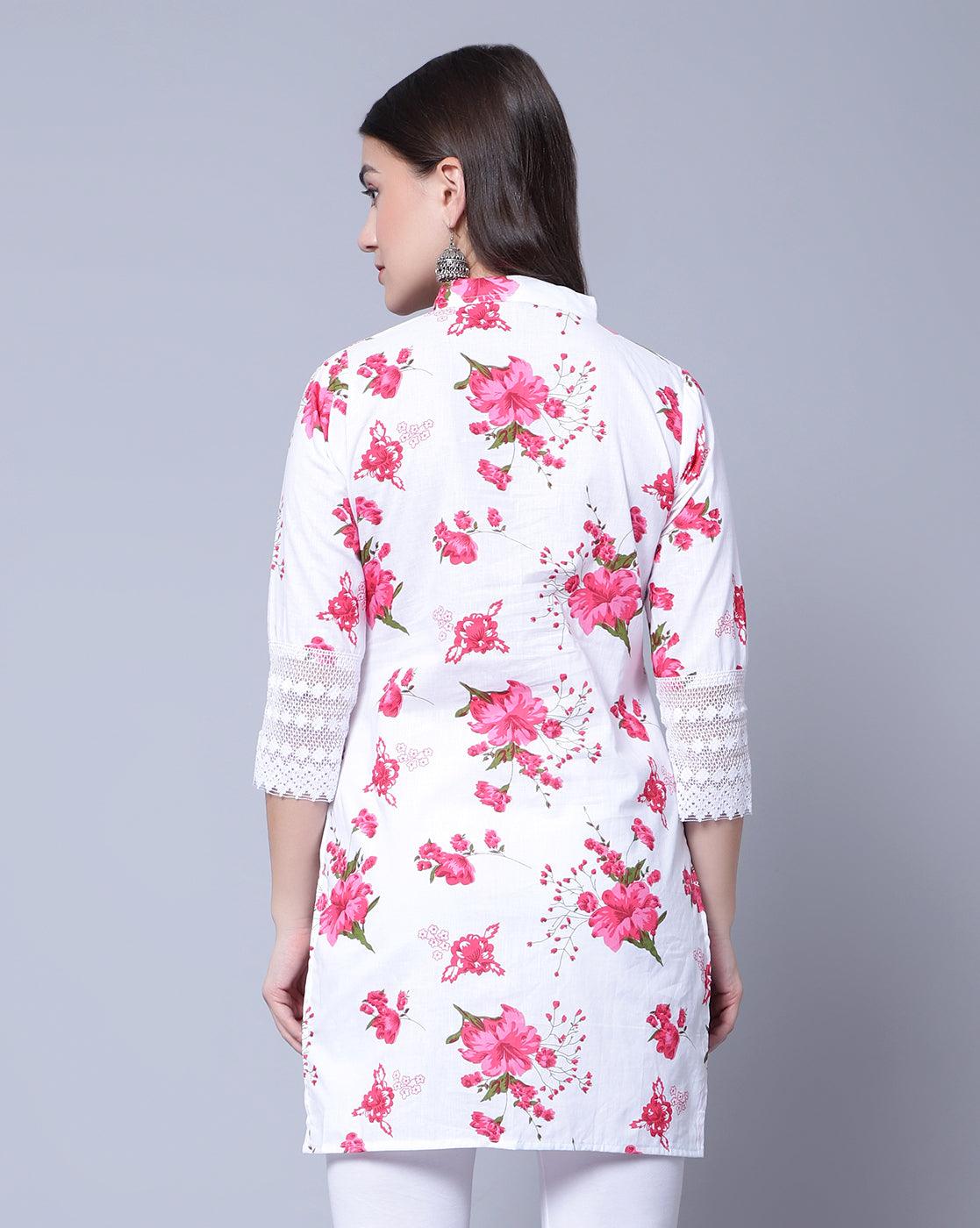 Indian Women Apple Cut Red Floral Print Pure Cotton Straight Kurta