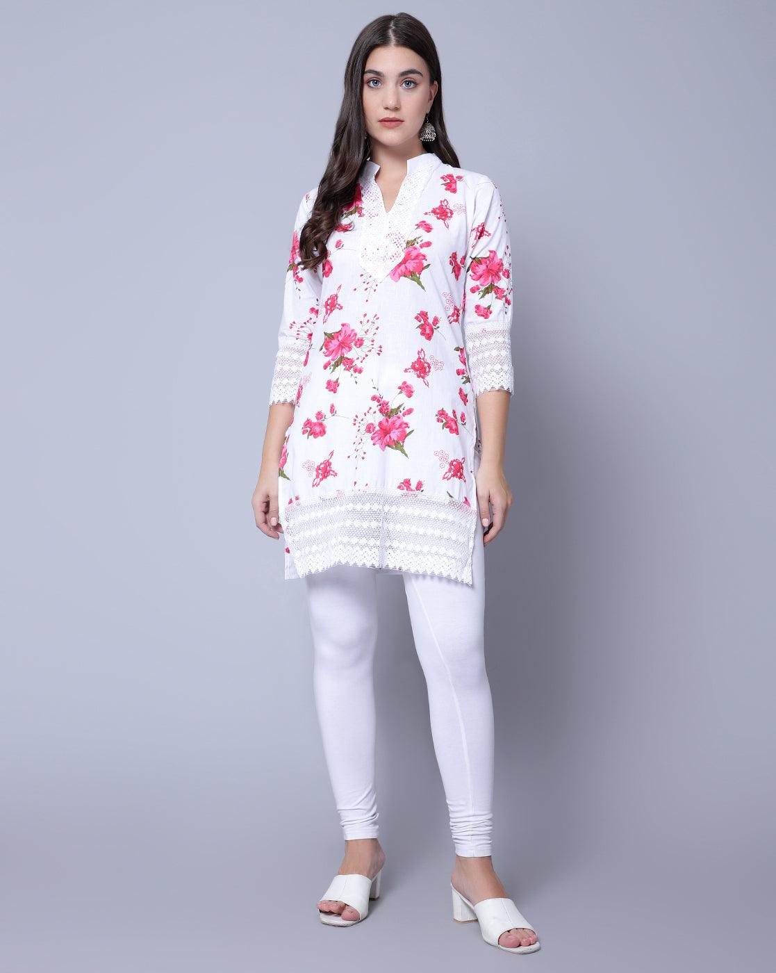 Indian Women Apple Cut Red Floral Print Pure Cotton Straight Kurta