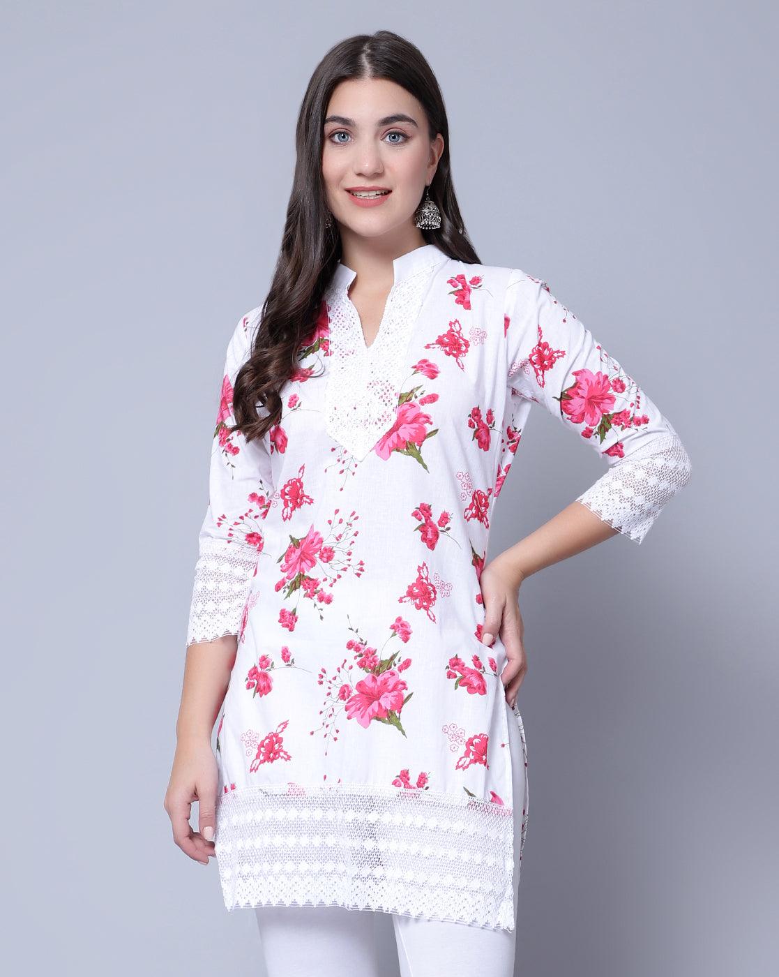Indian Women Apple Cut Red Floral Print Pure Cotton Straight Kurta XXXL