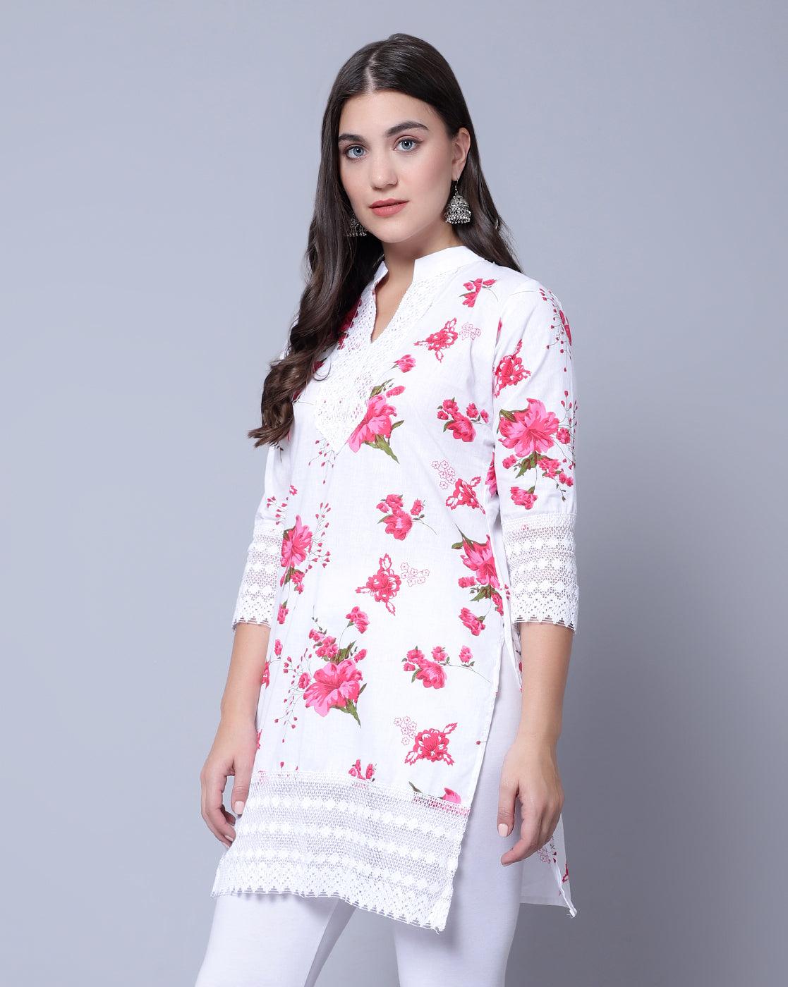 Indian Women Apple Cut Red Floral Print Pure Cotton Straight Kurta