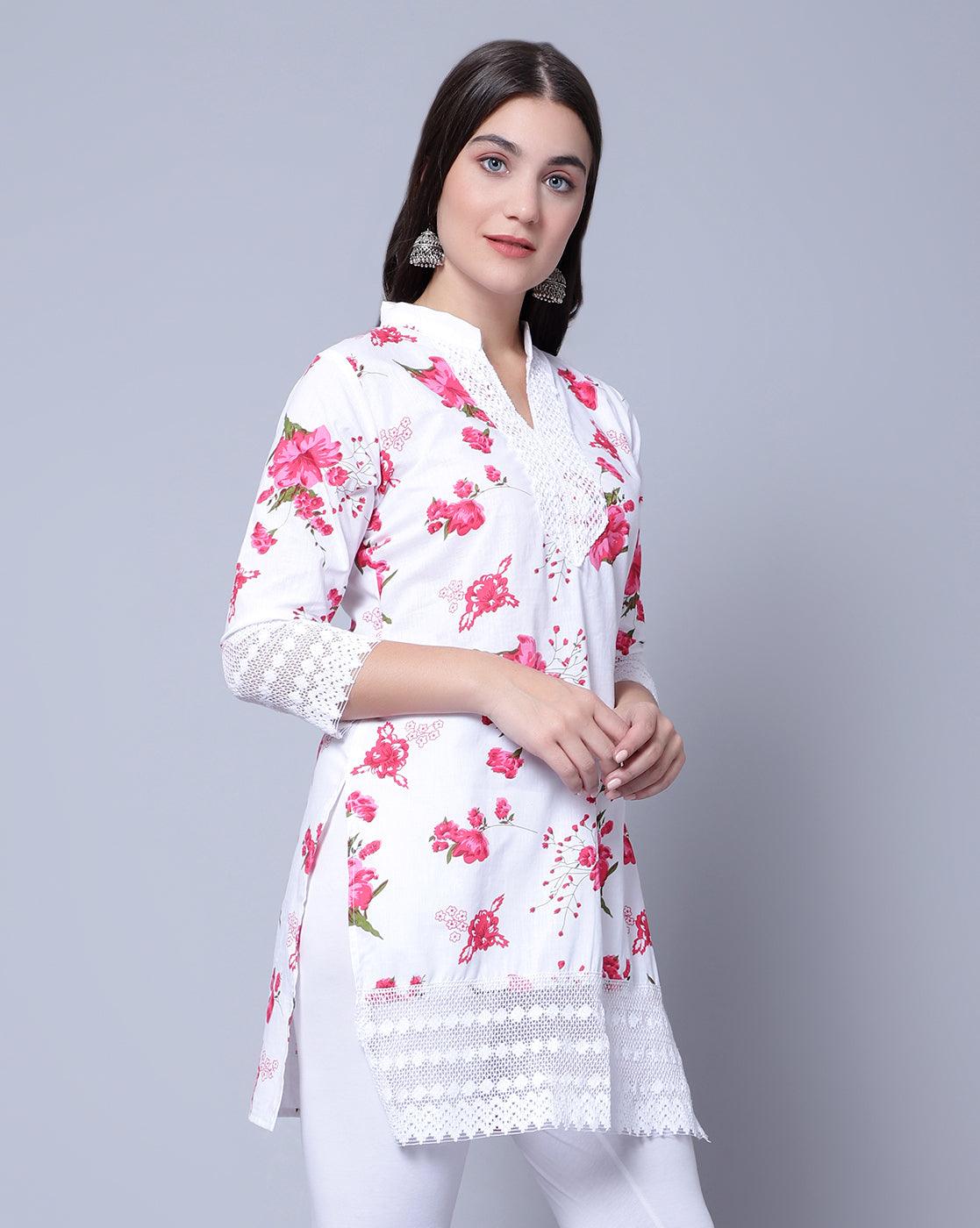 Indian Women Apple Cut Red Floral Print Pure Cotton Straight Kurta