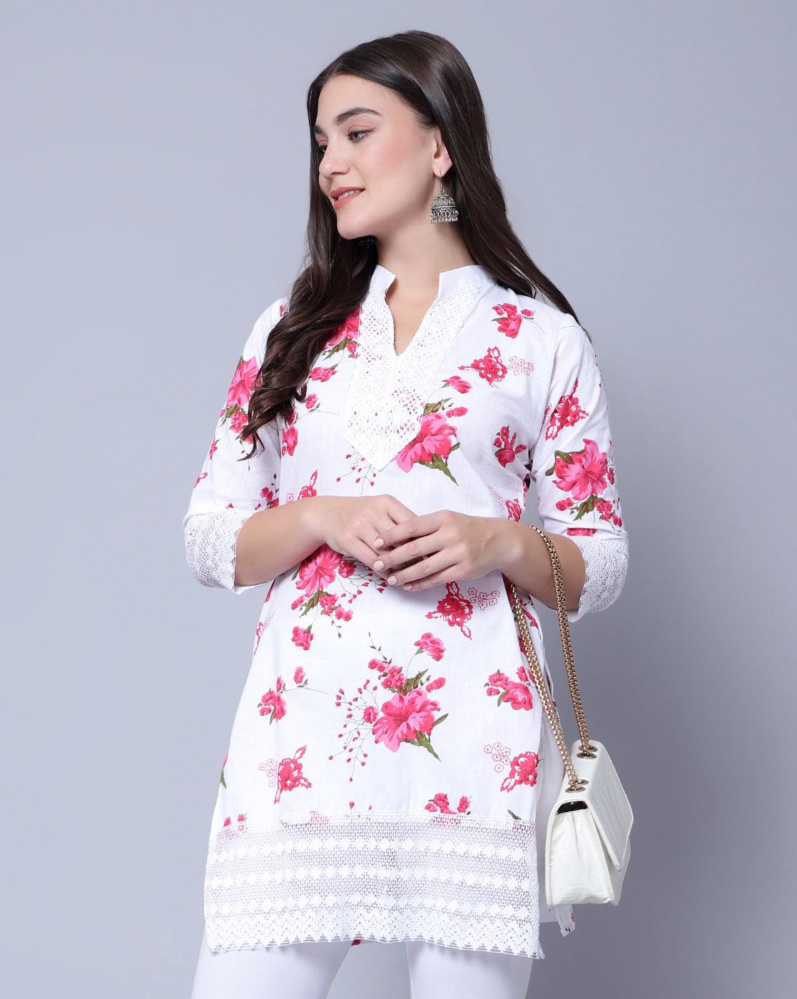 Indian Women Apple Cut Red Floral Print Pure Cotton Straight Kurta