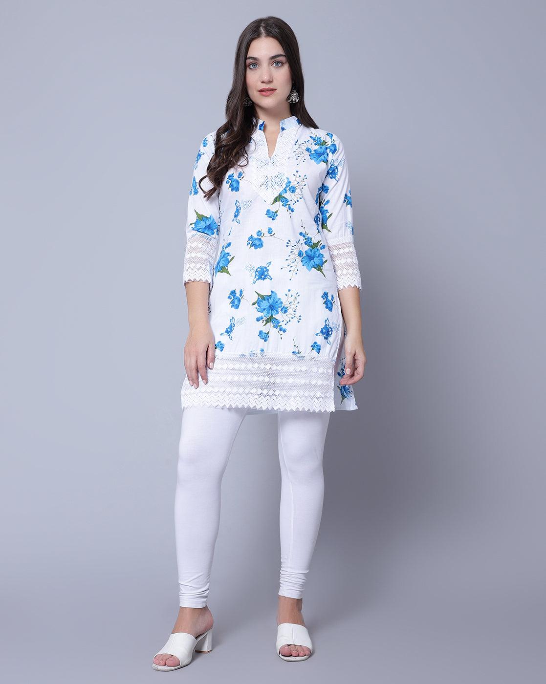 Women Apple Cut Blue Floral Print Pure Cotton Straight Kurta