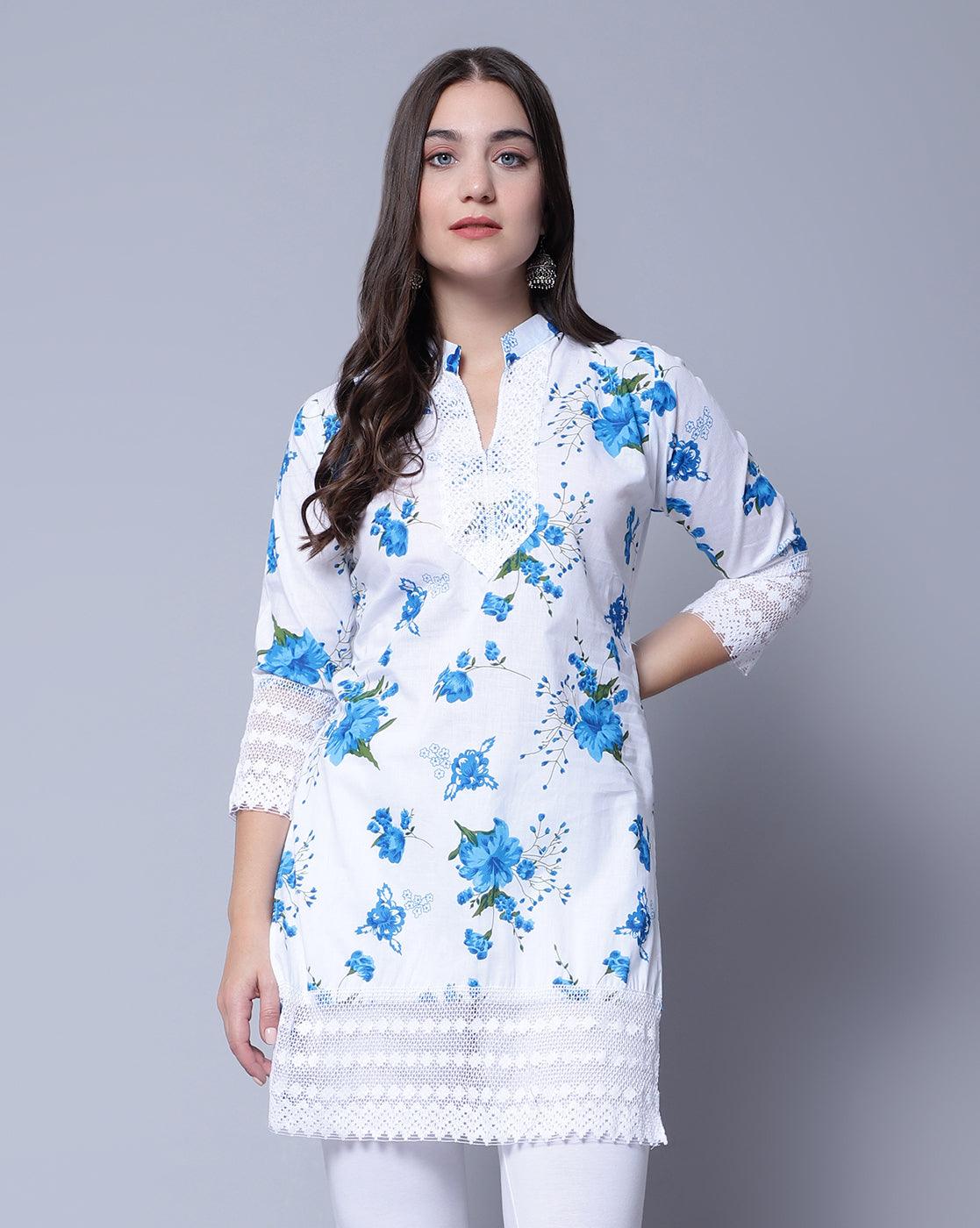Women Apple Cut Blue Floral Print Pure Cotton Straight Kurta