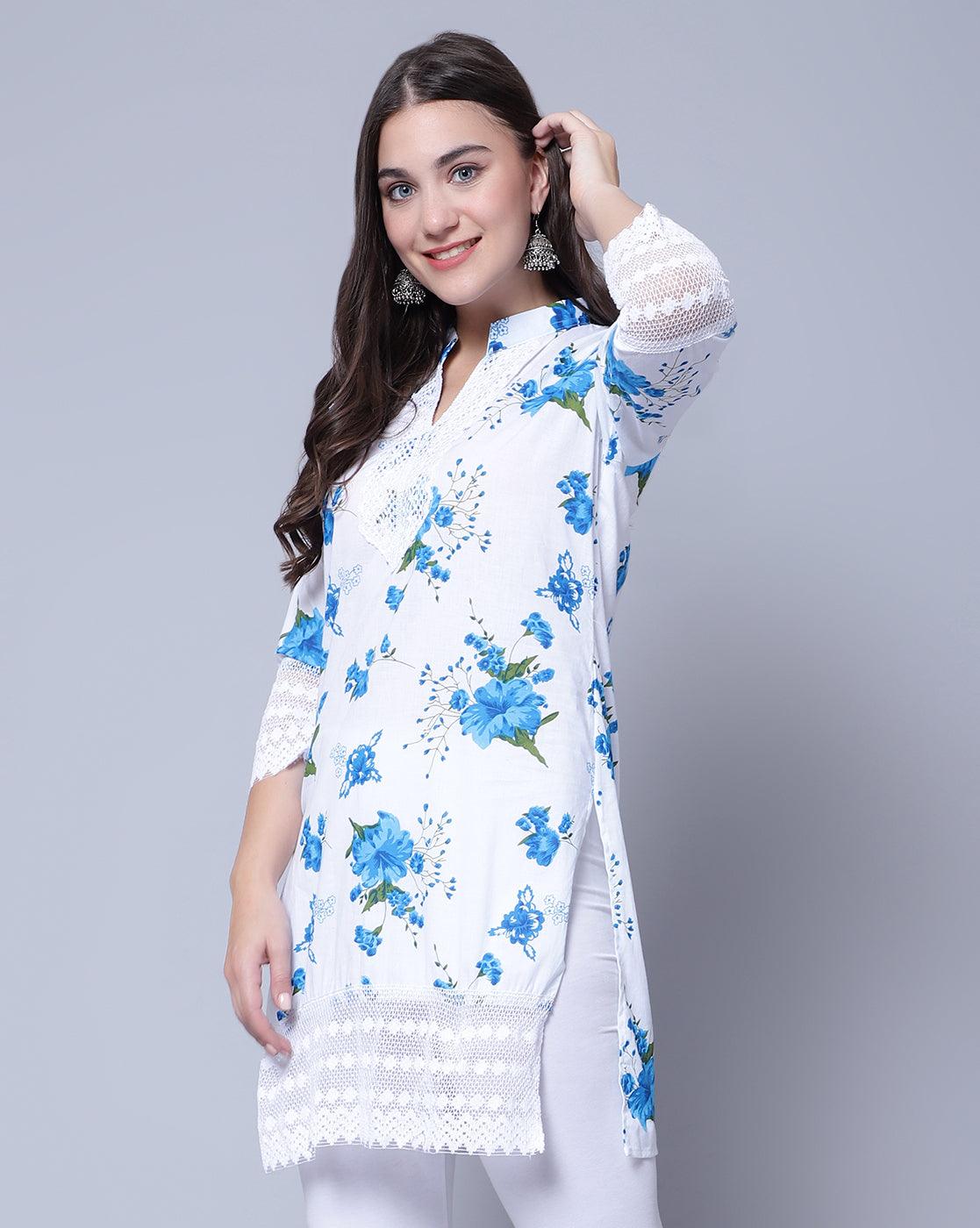 Women Apple Cut Blue Floral Print Pure Cotton Straight Kurta