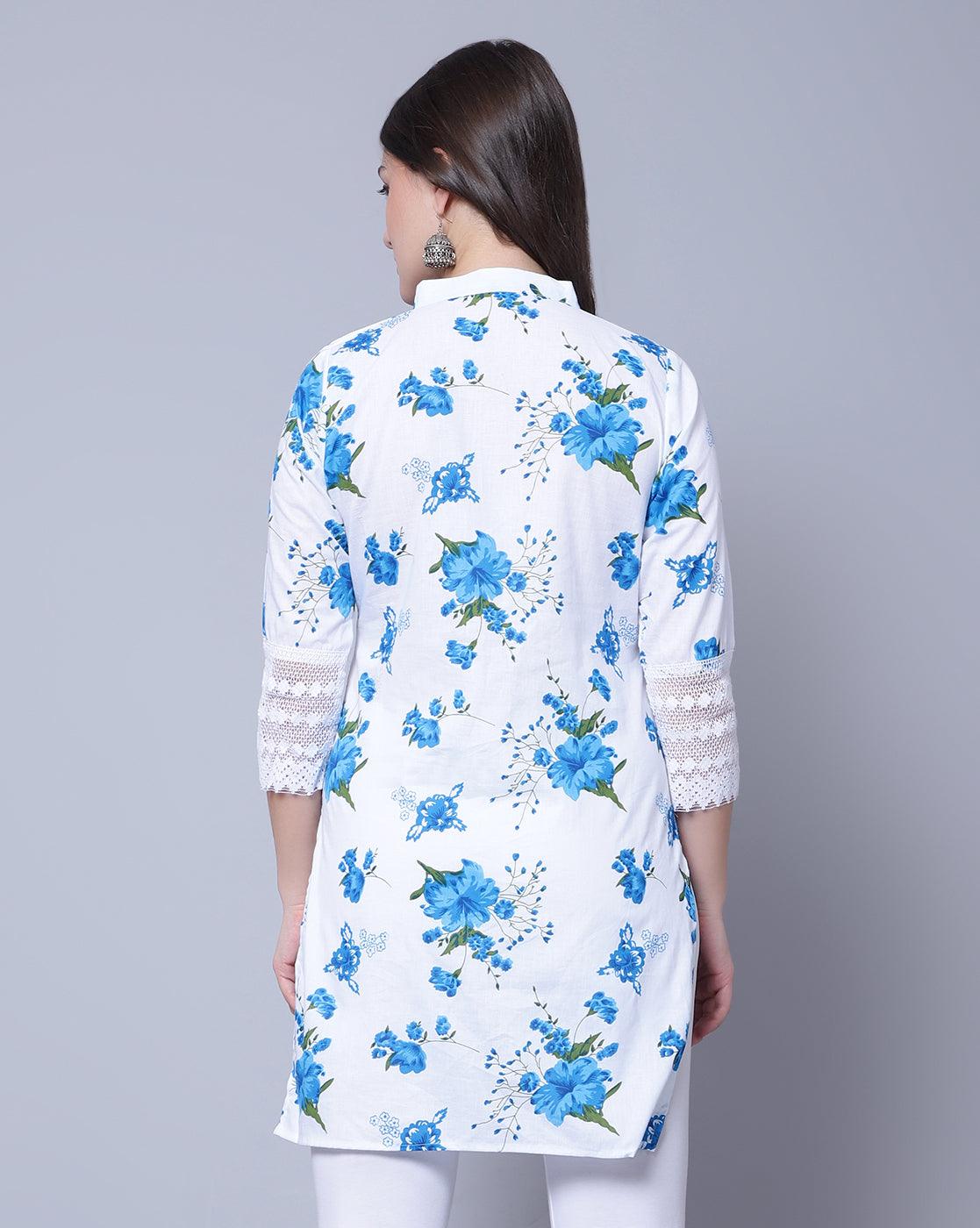 Women Apple Cut Blue Floral Print Pure Cotton Straight Kurta