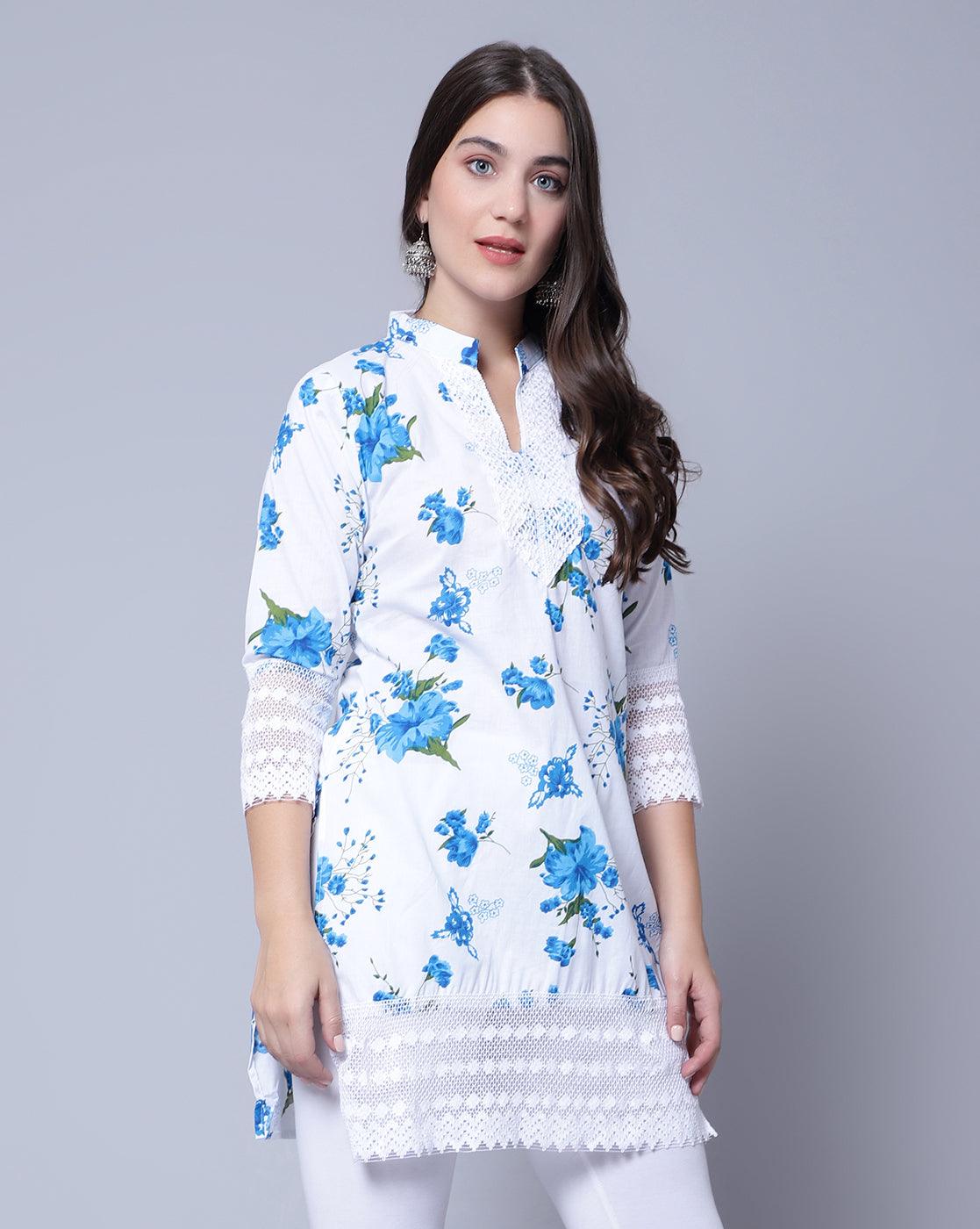 Women Apple Cut Blue Floral Print Pure Cotton Straight Kurta
