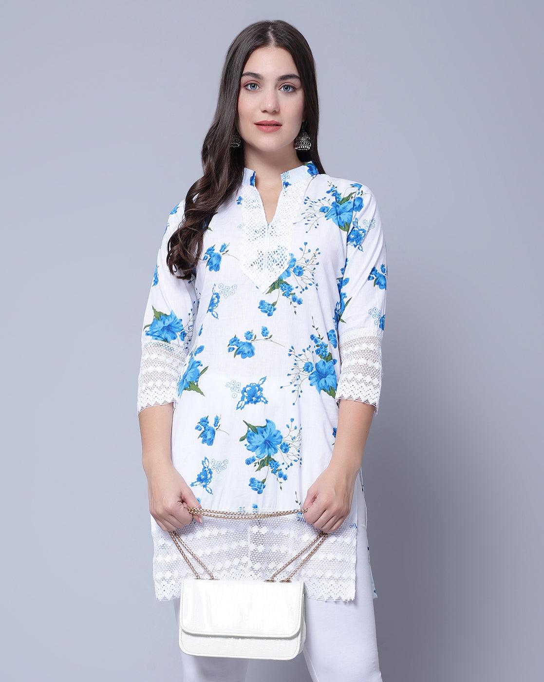 Women Apple Cut Blue Floral Print Pure Cotton Straight Kurta XXXL
