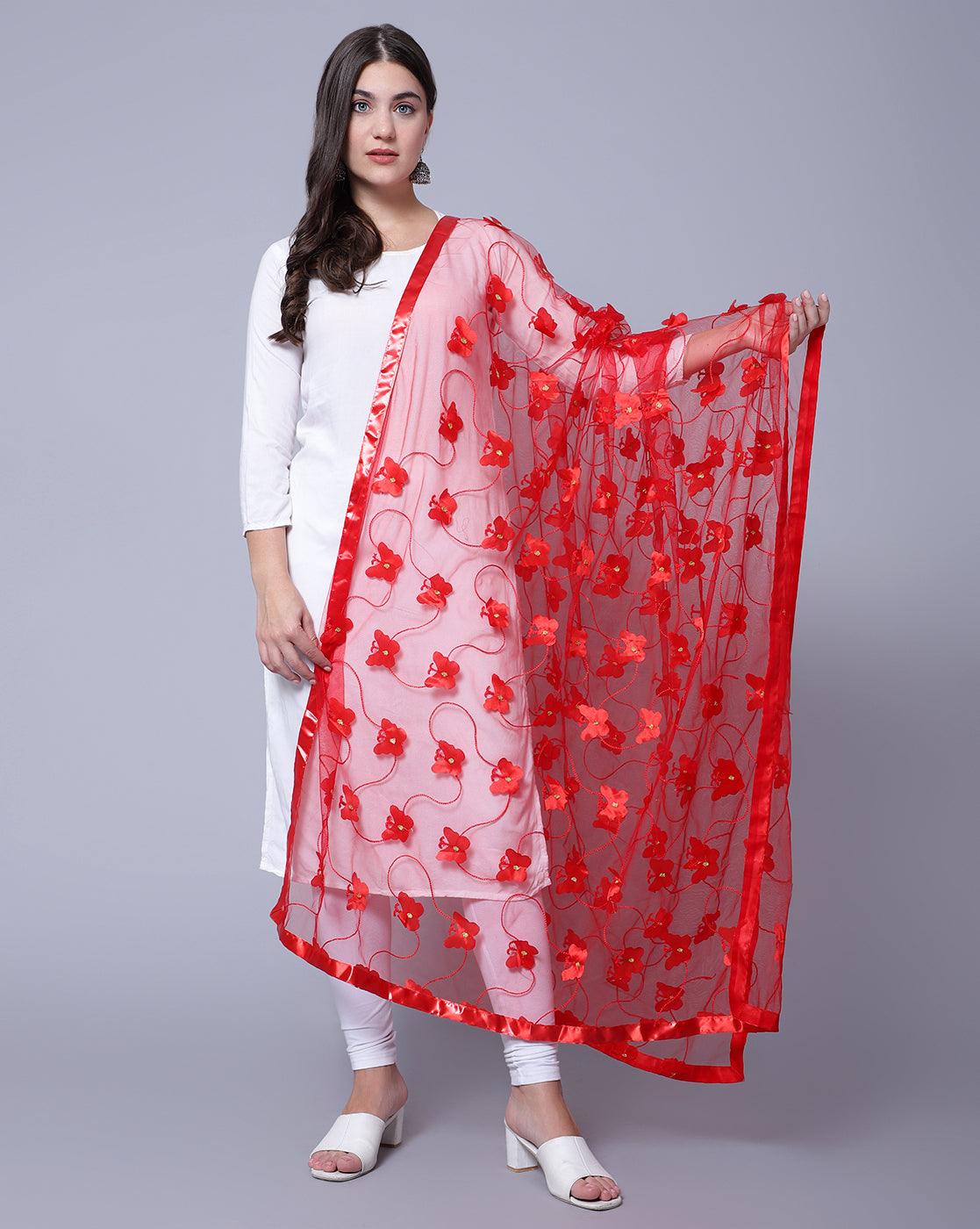 Net Self Design Butterfly Red Women Dupatta Default Title