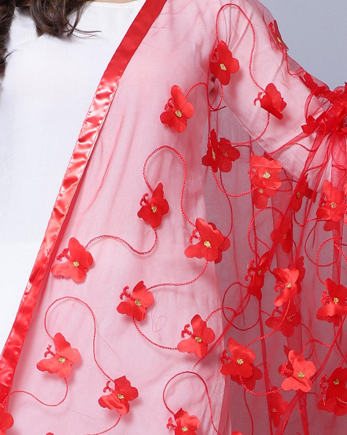 Net Self Design Butterfly Red Women Dupatta